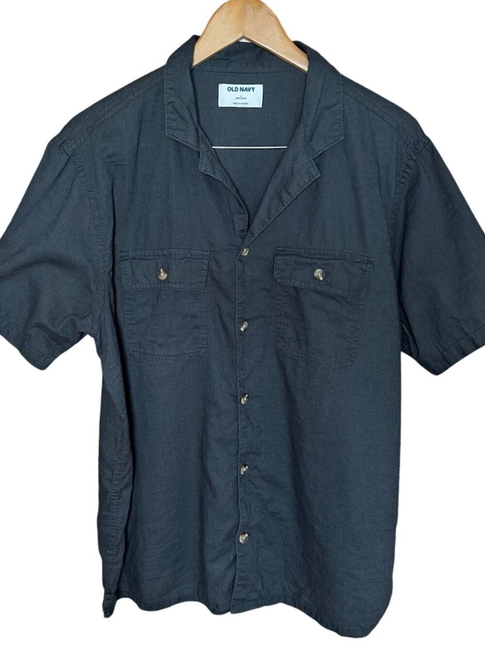 Old Navy Mens Large Gray Linen Blend Button Up Shirt Double Pocket Vacation